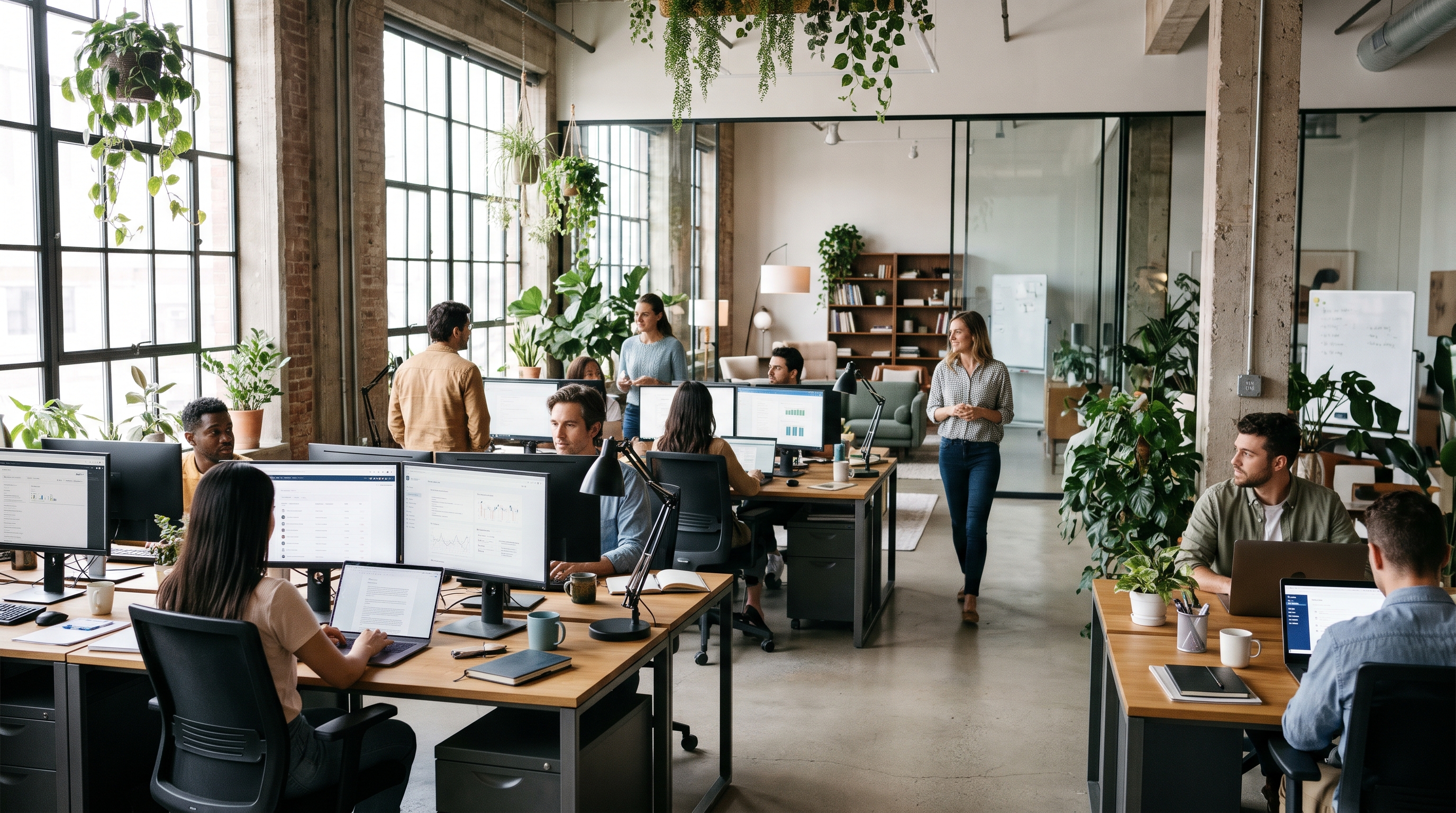 A modern office with a team at work