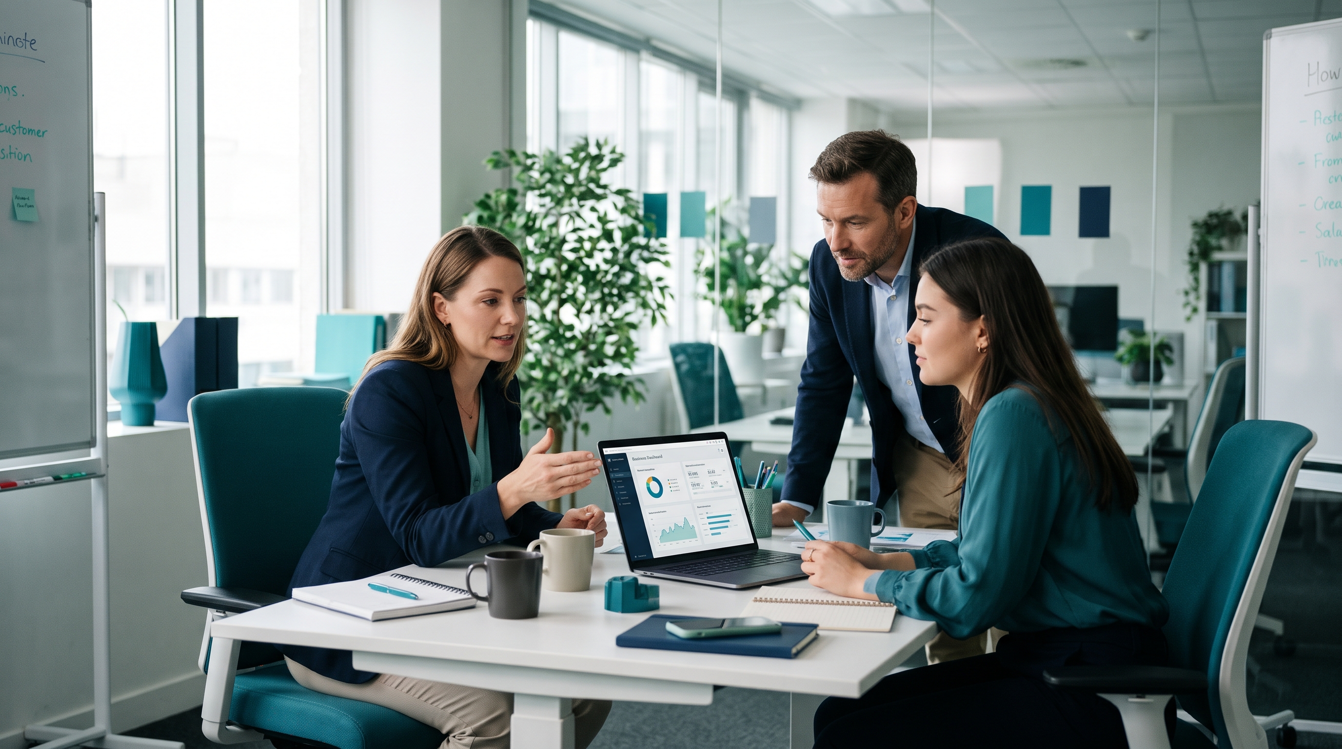 A small business team reviewing software on a laptop