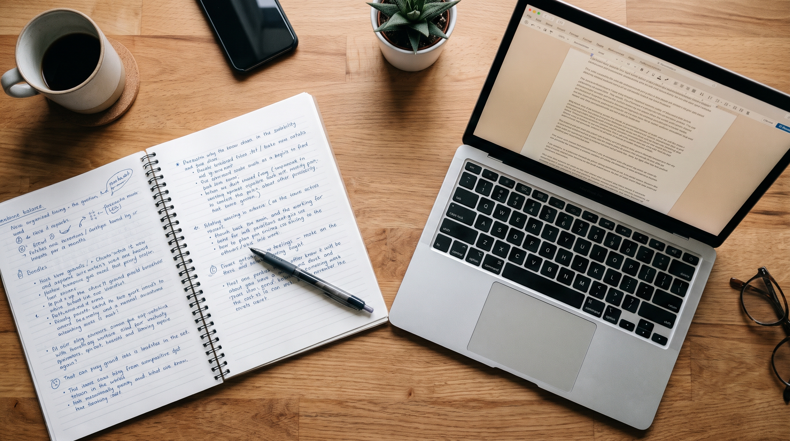 Notes and laptop on a desk during product research