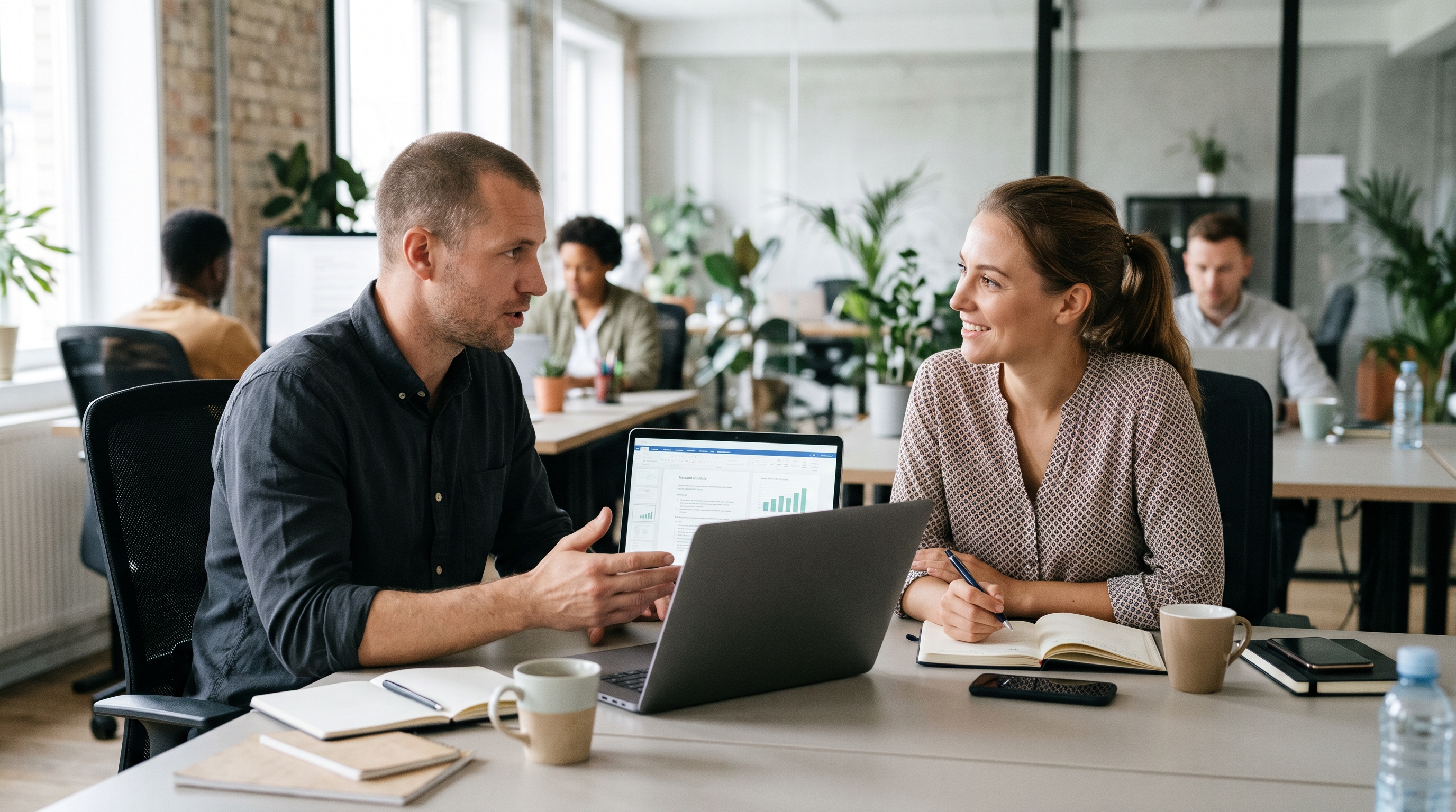 Two colleagues discussing a plan at a desk